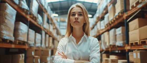 Poster - Female Inventory Manager Posing with Rows of Shelves Filled with Cartons and Parcels Ready for Shipping. Talented Career Woman Posing with Documents in Warehouse.