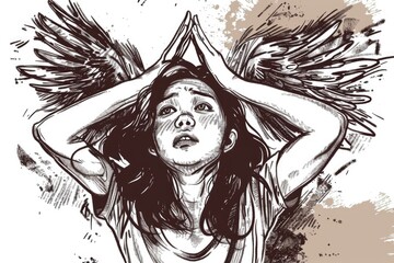 Poster - Abstract illustration of a woman with wings on her head. Suitable for various artistic projects