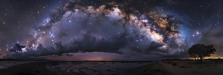 galactic light show in the night sky above a serene body of water, framed by two trees - one large and one small