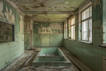 Poster - A bathtub in a run-down building, suitable for urban decay themes