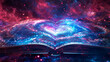 Opened magic book with stars, universe and galaxy. Concept of literature, fantasy, religion.