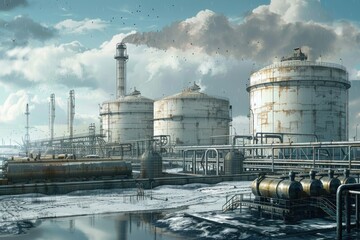 Poster - An industrial area filled with pipes and tanks, suitable for business and industrial concepts