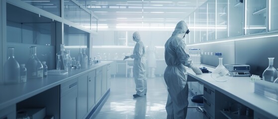 Poster - The Sterile Pharmaceutical Manufacturing Laboratory in Protective Coveralls is where scientists conduct research, quality control, and investigate new medicines.