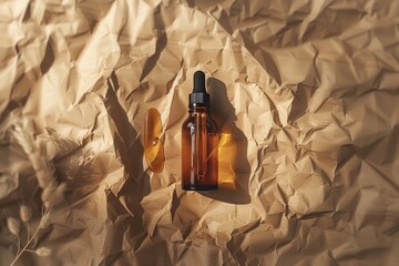 Poster - A bottle of essential oil placed on crumpled paper, suitable for aromatherapy concepts