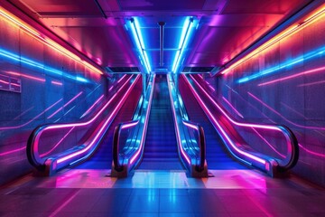 Poster - A modern escalator with vibrant neon lights. Perfect for urban transportation concepts