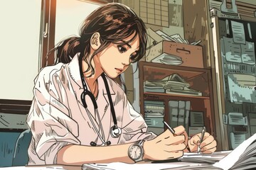 Poster - A woman in a lab coat writing on a piece of paper. Suitable for educational and scientific concepts