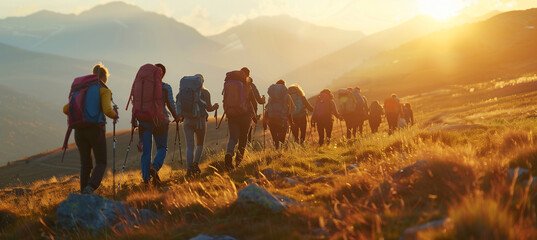 The wonderful scenery of the setting sun surrounds a group of tourists who are hiking in the mountains, carrying backpacks and enjoying their time together.