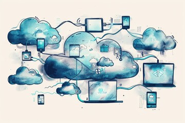 Poster - Illustration of a cloud with connected devices. Suitable for tech blogs or articles