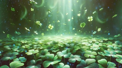 Wall Mural - video of a field of green clovers with a bright light shining on them