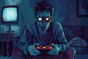 Poster - A man sitting on a couch playing a video game. Suitable for gaming or leisure concepts
