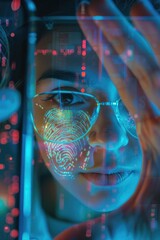 Poster - A woman wearing glasses with a fingerprint on her face. Suitable for technology or security concepts
