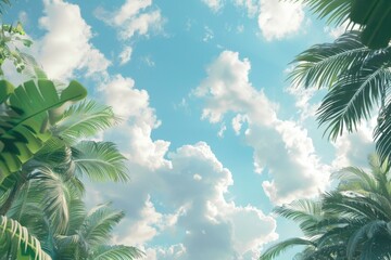 Poster - A group of palm trees with a blue sky background. Ideal for travel and nature concepts
