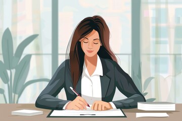 Poster - A woman sitting at a desk writing on a piece of paper. Suitable for office, education, or freelance concepts