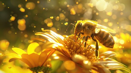 Poster - A bee on a yellow flower under the sun. Suitable for nature and wildlife themes
