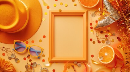 Poster - Vibrant picture frame surrounded by oranges and confetti, perfect for festive occasions