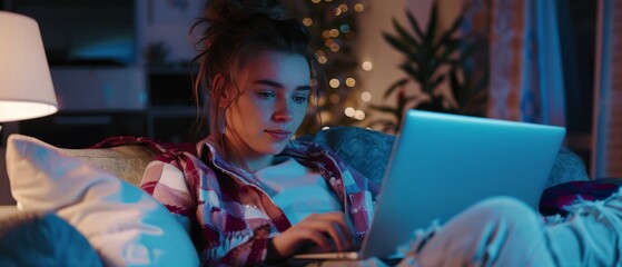 Wall Mural - A young woman relaxes on a sofa at home, uses her laptop, browses the web, watches funny videos and shops online.