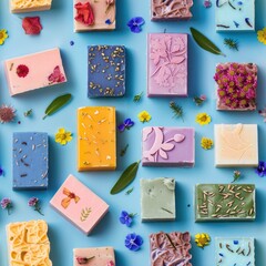 Poster - Various soaps with floral decorations on a blue background. Ideal for beauty and spa concepts