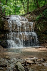 Poster - A serene waterfall in a lush forest setting. Ideal for nature-themed designs