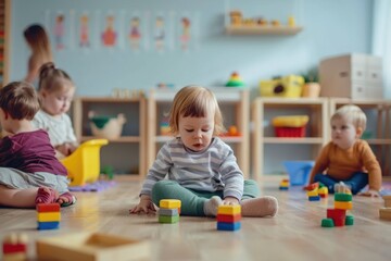 Poster - Group of children sitting on floor playing with colorful blocks. Ideal for educational and child development concepts