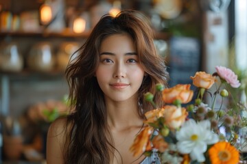 Wall Mural - A portrait of a beautiful young woman with long hair posing in front of a bokeh background with orange flowers in the foreground