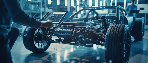 Poster - In Automotive Innovation Facility, vehicle frame with wheels, engine, and battery are being modeled using tablets with CAD software.