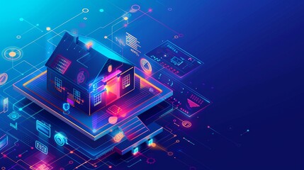 Poster - Internet of things technology concept. Modern logo of a round smart station on a blue background representing a smart home.