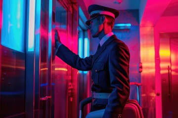 Poster - A man in professional attire standing in front of a glass door. Suitable for business concepts