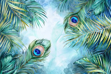 Aufkleber - Colorful painting of peacock feathers and tropical palm leaves. Perfect for home decor or nature-themed designs