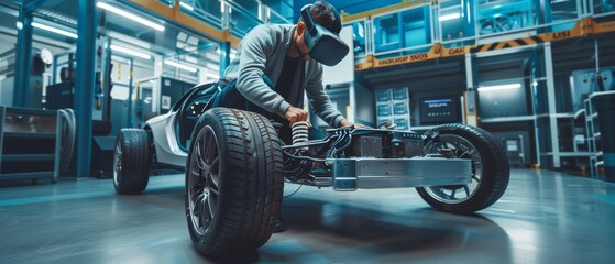 Poster - Working on an electric car chassis platform, while wearing an Augmented Reality headset in an innovation laboratory facility. The frame includes wheels, suspension, engine, and battery.