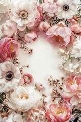 Poster - White and pink flower wreath on a clean white background, suitable for wedding invitations or spring-themed designs