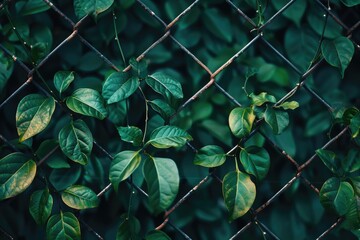 Poster - A chain link fence covered in vibrant green leaves. Ideal for nature or outdoor-themed designs