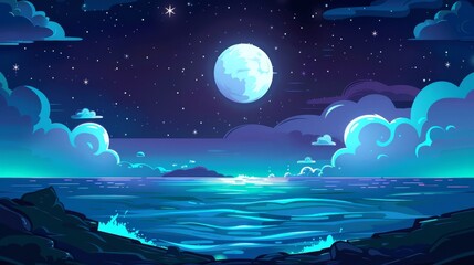 Sticker - An illustration of a seascape at night with stars, clouds and a moon in the dark sky. A modern cartoon illustration of a seascape with coastline silhouettes on the horizon; moonlight reflections in