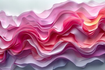 Poster - This 3D rendered image shows abstract wavy structures in gradient shades of pink and purple, resembling a flowing fabric or fluid