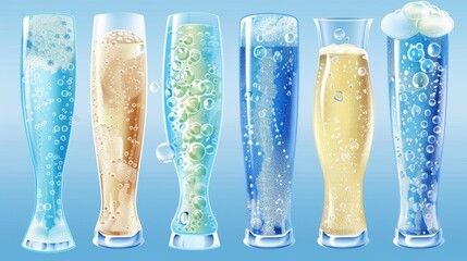 Poster - Bubbles, water or oxygen air fizz set, rising up underwater fizzing, champagne drink design elements isolated on transparent background, Realistic 3D modern clip art.