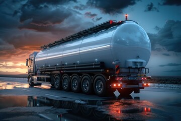 Poster - A large tanker truck driving on a wet road, suitable for transportation or weather-related concepts