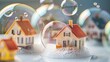 several small soap bubbles with realistic houses inside each bubble on a white background