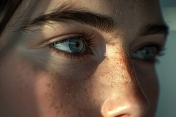 Poster - Close up of a woman's eye with freckles. Ideal for beauty and skincare concepts