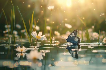 Poster - A butterfly resting on the surface of a body of water. Suitable for nature and wildlife concepts
