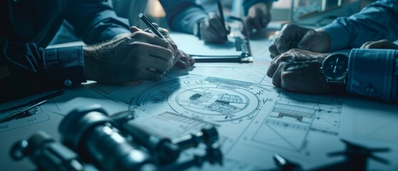 Wall Mural - An industrial engineering facility: Close-up on the hands of a group of engineers, technicians, and specialists as they trace lines and analyze engine design technical drafts.