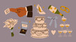 Wedding set. Cake, rings, shoe, champagne, holding hands, bouquet. Hand drawn trendy Vector illustration. Isolated design elements. Party, proposal, wedding, anniversary, celebration concept