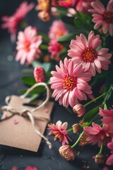 Poster - Pink flowers with a tag on a table, suitable for various occasions