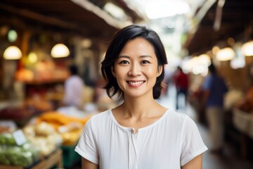 Wall Mural - Portrait of a cheerful asian woman in her 30s wearing a simple cotton shirt isolated in bustling urban market