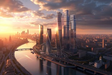 Poster - Urban cityscape with a river flowing through it. Suitable for travel and tourism concepts