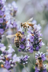 Poster - Close-up of bees collecting nectar on purple flowers. Perfect for nature and gardening concepts