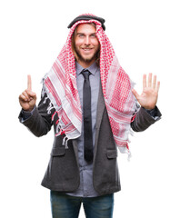 Sticker - Young handsome arabian man with long hair wearing keffiyeh over isolated background showing and pointing up with fingers number six while smiling confident and happy.