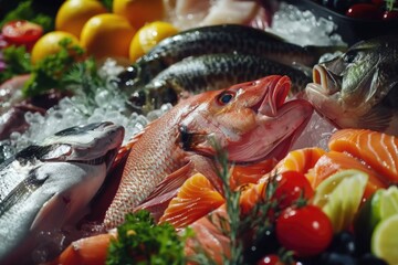Poster - A group of fish sitting on top of a pile of ice. Suitable for seafood industry promotions