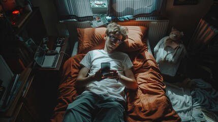 Poster - A man laying in bed while holding a cell phone. Suitable for technology and lifestyle concepts