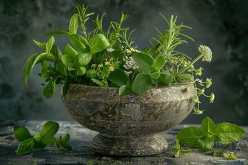 Aufkleber - Stone bowl filled with green plants, perfect for interior decor