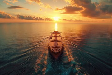 Poster - A large cargo ship sailing in the ocean at sunset. Ideal for transportation and travel concepts