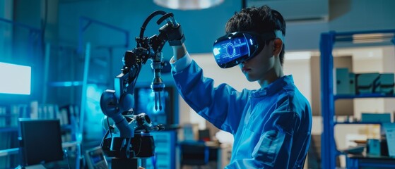 Wall Mural - An Engineer from a Japanese development agency in a blue shirt controls a futuristic robot arm with a virtual reality headset and a joystick in a high-tech research laboratory loaded with modern